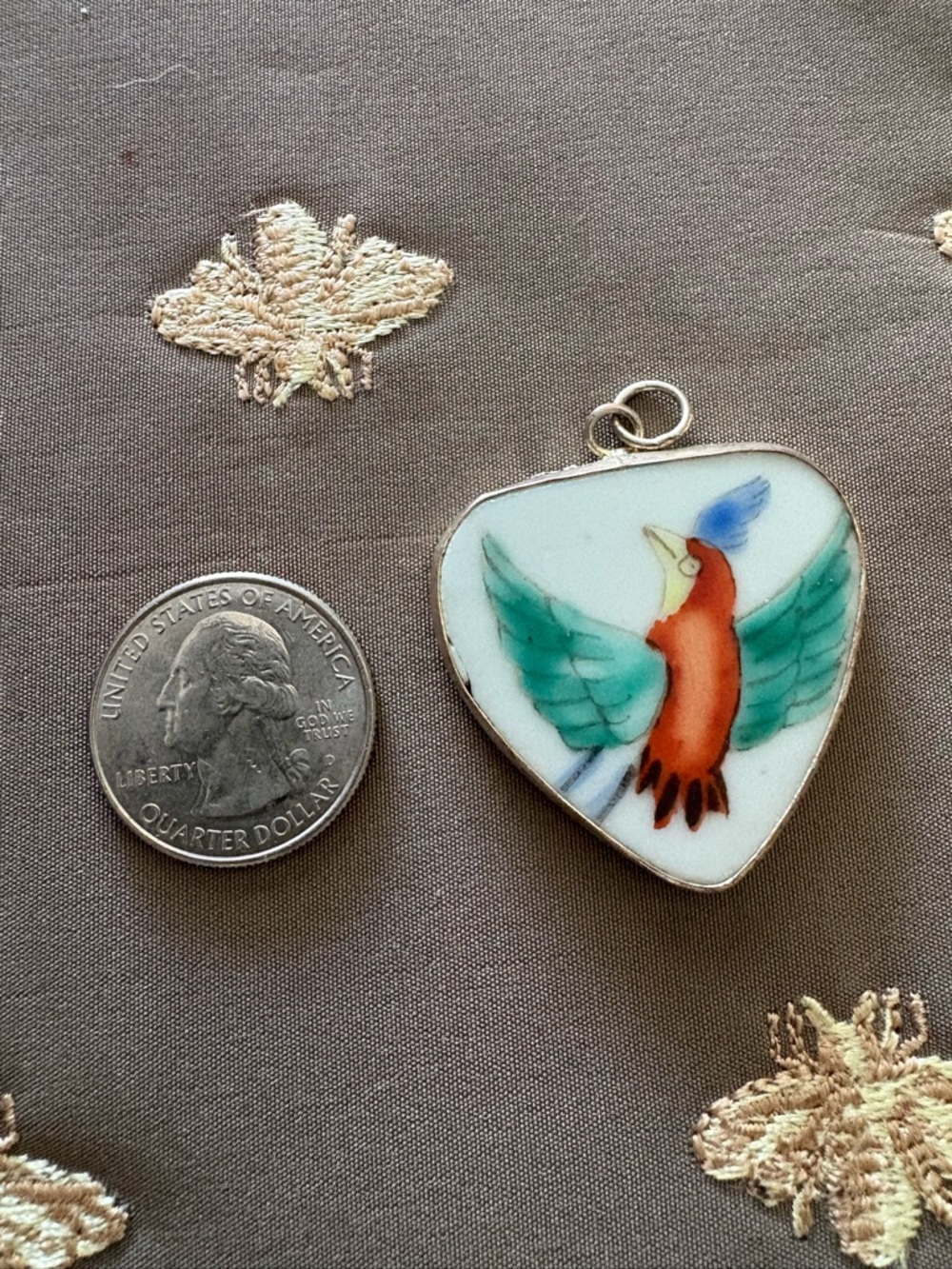 Porcelain Bird Pendant Charm - Green Wings & Orange Body